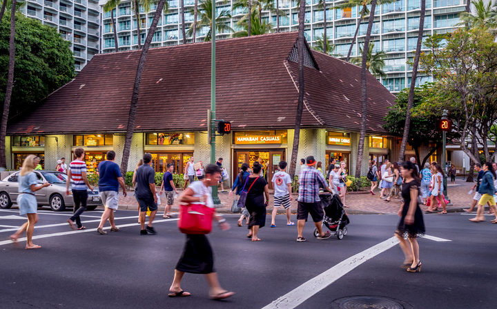 Busy intersection on Kalakaua Avenue on April 27, 2014 in Waikiki, Hawaii Kalakaua Avenue is the favorite luxury shopping strip for tourists visiting Hawaii