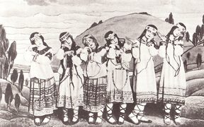A posed group of dancers in the original production of Igor Stravinsky's ballet The Rite of Spring, showing costumes and backdrop by Nicholas Roerich. The dancers are (left to right) Julitska, Ramberg (en:Marie Rambert), Jejerska, Boni, Boniecka, Faithful.