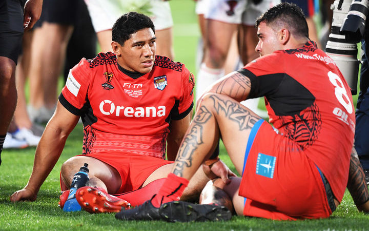 Jason Taumalolo and Andrew Fifita at the end of the narrow 20-18 loss to England.