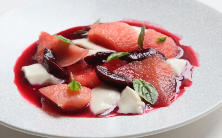 Plums, basil, almond milk jelly, and watermelon
