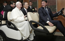 Pope Francis is shown New Zealand’s tukutuku art at the UN's headquarters in New York in September 2015.
