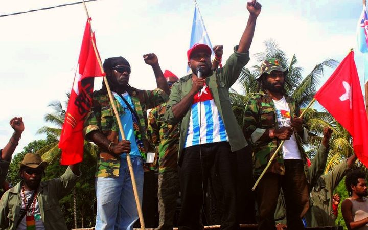 The West Papua National Committee chairman Victor Yeimo addressing a 2016 demonstration in Jayapura.
