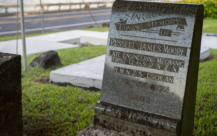 Royal New Zealand Navy Engineering Mechanic 1st Class Russell Moore’s headstone at Satala Cemetery in Pago Pago, American Samoa.