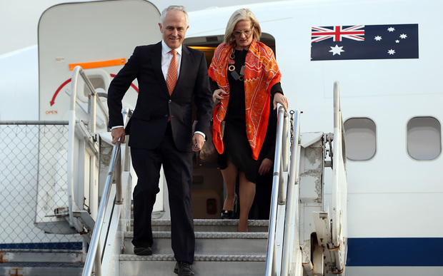 Australian PM Malcolm Turnbull arrives in Auckland with his wife, Lucy, on 16 October 2015. 