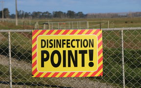 A disinfection point sign on a farm under restricted movement notice due to Mycoplasma Bovis.