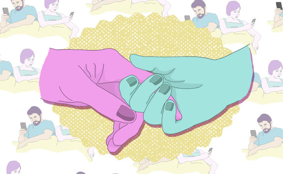 Illustration shows two images overlaying each other - the first is of two hands reaching to connect, the background image shows a couple together in bed but both on their phones. Image by Pinky Fang
