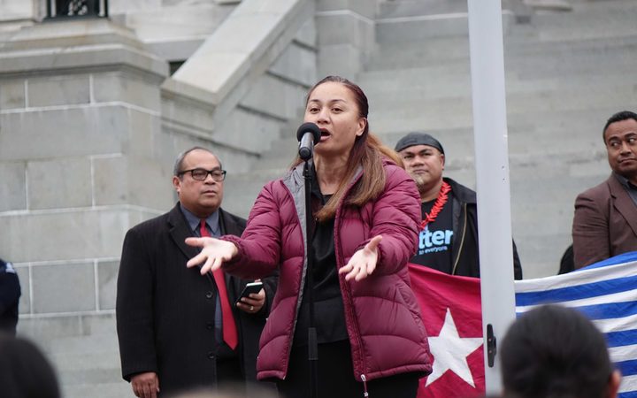 New Zealand Green Party co-leader Marama Davidson speaks at a demonstration in support of West Papuan self-determination outside  parliament buildings in Wellington.