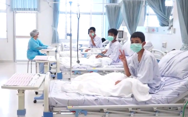 Some of the boys rescued from a Thai cave seen in hospital in Chiang Rai.