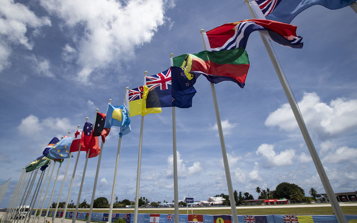 National flags in Nauru for the Pacific Islands Forum. 