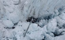 The wreckage of the helicopter on Fox Glacier.