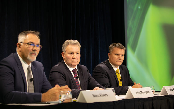 Fonterra's chief financial officer Marc Rivers (L), Chairman John Monaghan and interim chief executive Miles Hurrell. 