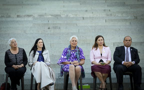 Mausina women's testimony at Parliament to commemorate the 125th anniversary of Women's right to vote in New Zealand. Left to right: Liz Mellish, Jill Day, Luamanuvao Dame Winnie Laban, Marama Davidson, Aupito William Sio. 