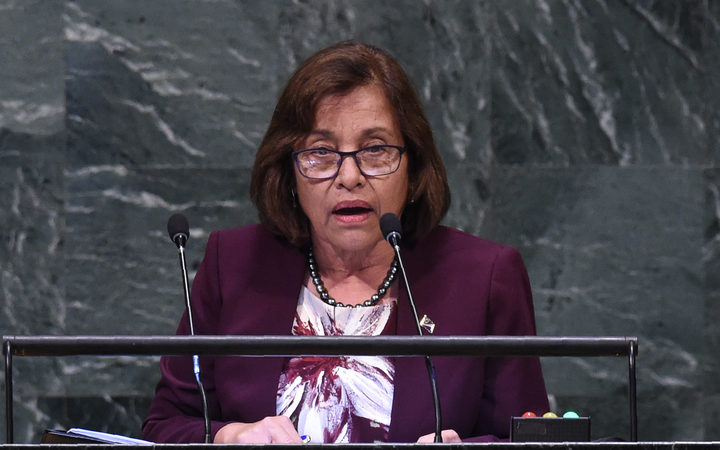Marshall Islands' President Hilda Heine speaks at the General Assembly at the United Nations in New York.