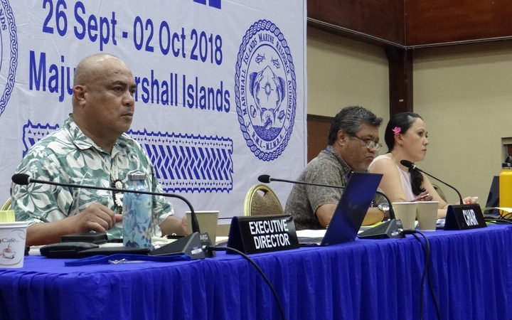 Fisheries talks in Majuro were overseen Tuesday by, from left: Western and Central Pacific Fisheries Commission Executive Director Feleti Teo, Marshall Islands Marine Resources Authority Director Glen Joseph, and WCPFC Compliance Manager Lara Manarangi Trott. 