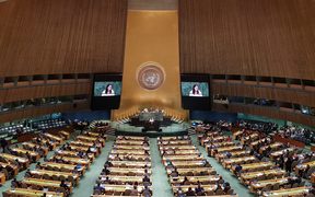 Prime Minister Jacinda Ardern delivering New Zealand's national statement at the United Nations.