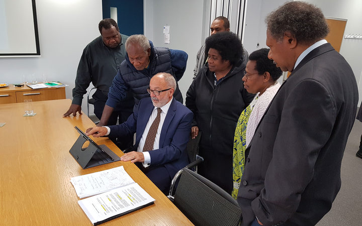 NZ Parole Board chairman Sir Ron Young with members of Vanuatu’s parole board in Wellington.