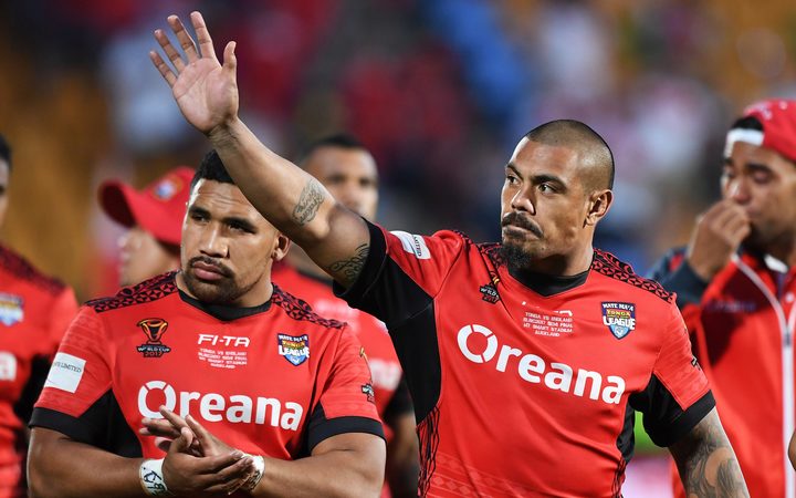 Tonga captain Sika Manu waves to the crowd after his side's semi-final loss to England at the World Cup last year.