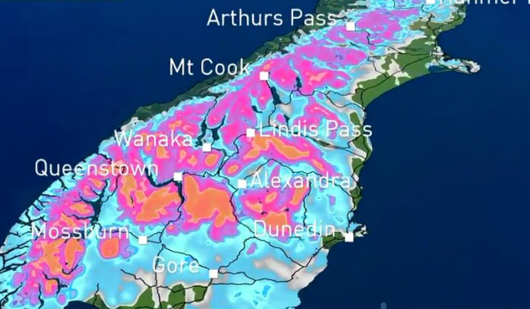 Snow may fall to 800 metres in central Otago, inland Clutha and Southland.