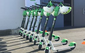 Rack 'em up: Lime scooters for hire outside the TraffiNZ conference in wellington this week - as part of a charm offensive in the capital. 