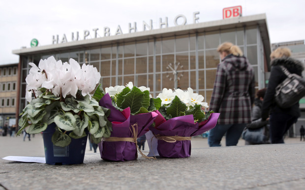 Flowers have been placed outside Cologne station, where the attacks happened.