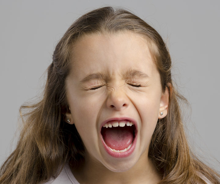 Studio portrait of a little girl yelling.