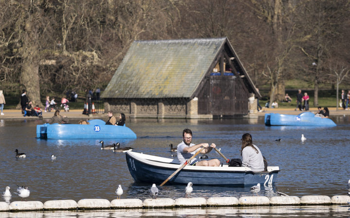 People boating on the Serpentine in Hyde Park in central London as the capital basks in sunshine. 24 February 2019.