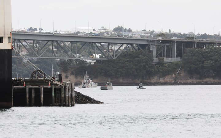 The scene of the seaplane crash near the Auckland Harbour Bridge.