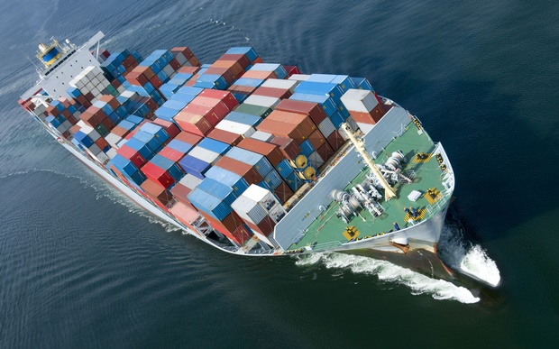 An aerial view of a container ship carrying exports (file) 