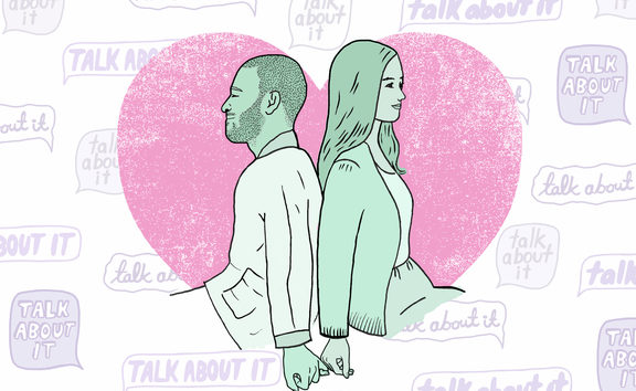 An illustration of a couple sitting with their backs to each other, but linking their pinkies together. Speech bubbles in the background repeat in different fonts with the words "talk about it". 
