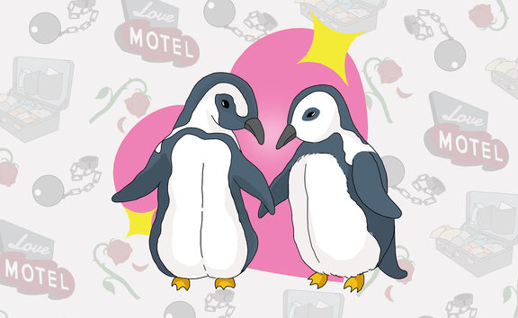 Two penguins hold flippers in front of a love heart, representing monogamous, long-term commitment. In the background are images suggesting things might not be so rosy - a motel sign, a packed suitcase, a ball and chain. 