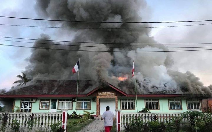 Huahine town hall on fire