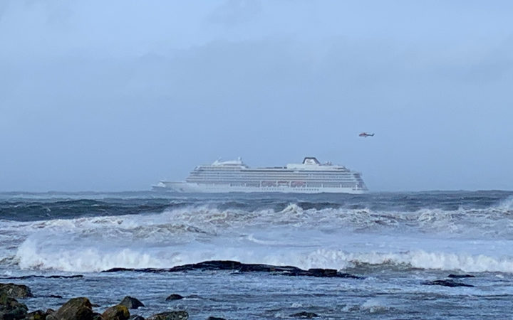 The cruise ship Viking Sky is pictured on March 23, 2019 near the west coast of Norway at Hustadvika near Romsdal.