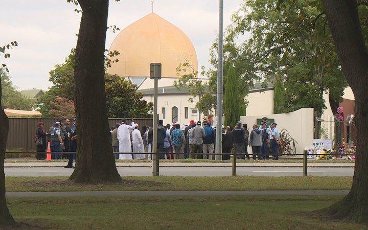 People gathered
outside Al Noor Mosque in Christchurch