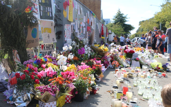 Tributes and flowers left outside Al-Noor Mosque in Christchurch after the terror attacks.