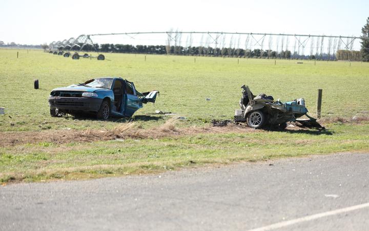The remains of a vehicle involved in the fatal crash near Ashburton that claimed three lives.