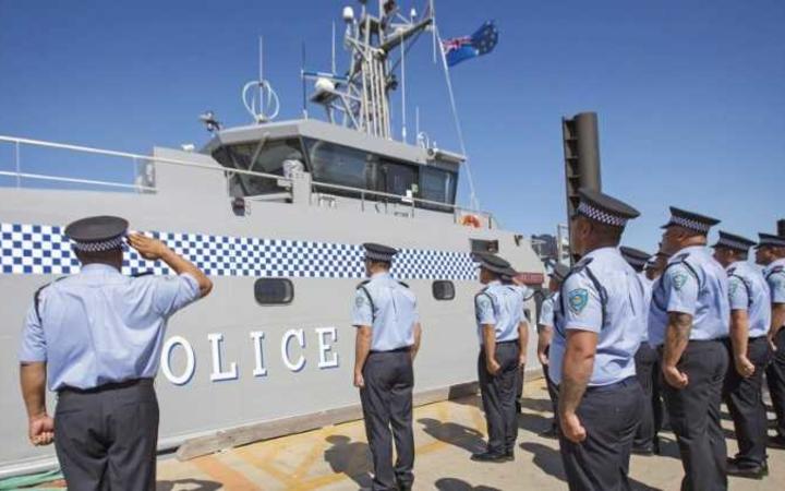 Members of the Tuvalu Police Force at the handover ceremony of Te Mataili II (a patrol boat gifted by Australia).