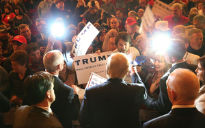 Republican presidential candidate Donald Trump greets people at a campaign rally at the Sioux City Orpheum Theatre in Sioux City, Iowa on 31 January 2016.