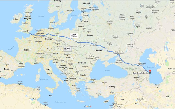 London to Baku. Europa League final distance for Chelsea and Arsenal fans.