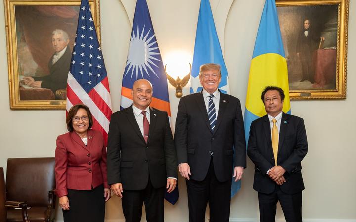 President of the Republic of the Marshall Islands Hilda Heine, and President of the Federated States of Micronesia David Panuelo, US President Donal Trump and President of the Republic of Palau Tommy E. Remengesau.
