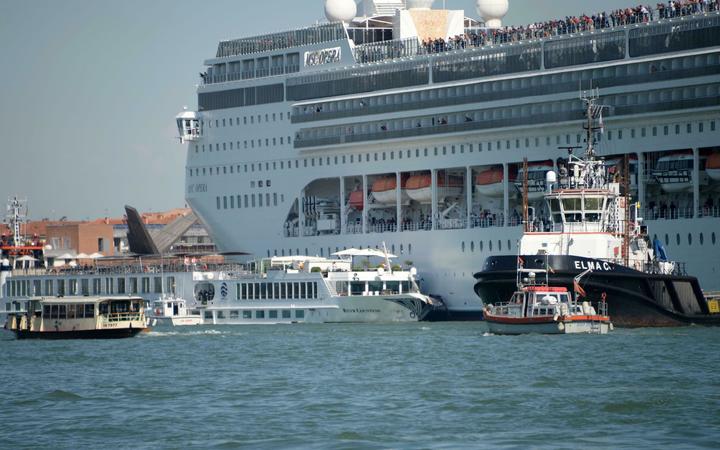 The MSC cruise ship Opera is seen after the collision with a tourist boat, in Venice, Italy, Sunday,  June 2, 2019. 