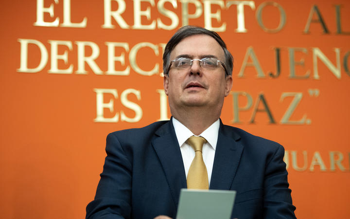 Mexican Foreign Minister Marcelo Ebrard speaks during a press conference at the Embassy of Mexico in Washington, after meeting with US Vice President Mike Pence and Secretary of State Mike Pompeo at the White House