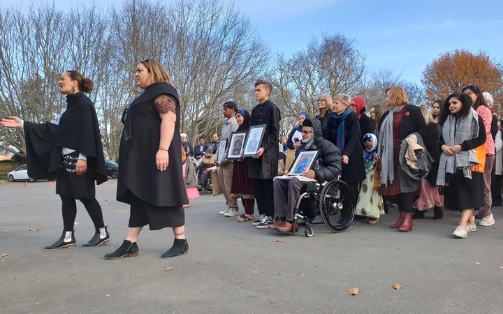 The family of victims of the Christchurch mosque attacks including Farid Ahmed, who is in a wheelchair.
