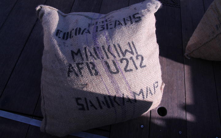 A sack of cocoa beans that was sailed to New Zealand from Bougainville by the Wellington Chocolate Factory. 