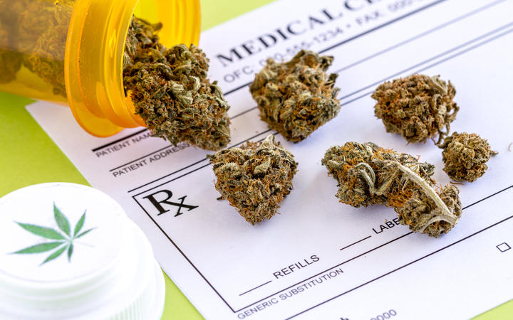 Medical marijuana buds spilling out of prescription bottle with branded lid onto blank medical prescription pad on green background