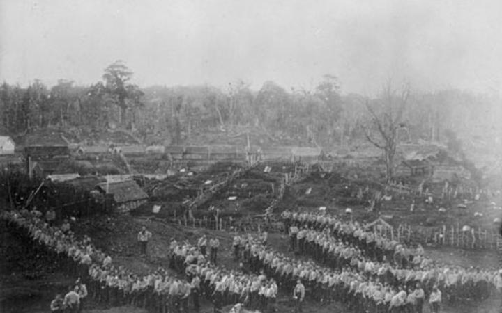 Armed constabulary prepare to advance on Parihaka pā, in Taranaki, in 1881.