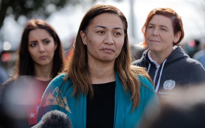 Marama Davidson speaking at Ihumatao on Friday.