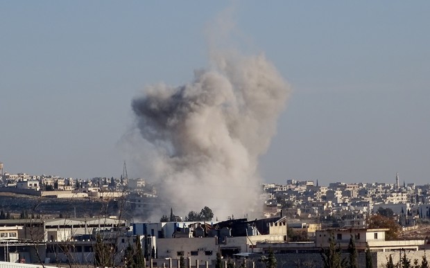 Smoke rises after Russian airstrikes in Aleppo on February 9. 