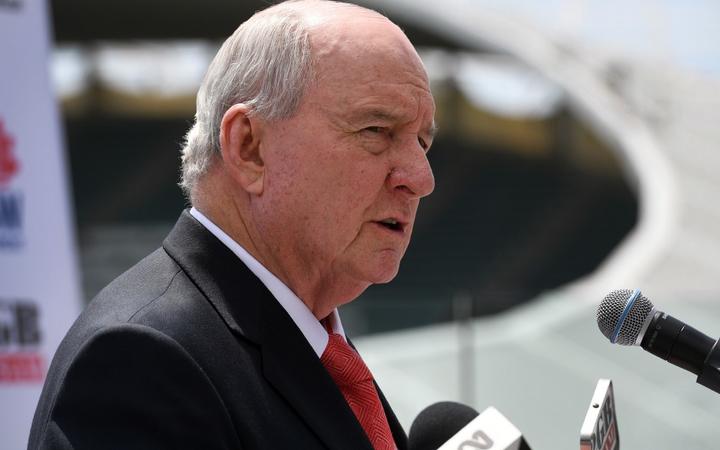 Barbarians rugby coach Alan Jones speaks at a press conference in Sydney on October 13, 2017, ahead of their match against the Australian Wallabies. - The Barbarians take on the Wallabies in Sydney on October 28. (Photo by WILLIAM WEST / AFP)