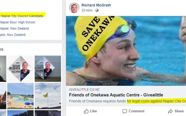 In one email, Wayne Jack asked for legal advice on whether Mr McGrath had breached the code or any other policies after he posted a link to a Givealittle fundraiser for The Friends of Onekawa Aquatic Centre, which is taking legal action against the council over the proposed pool.
