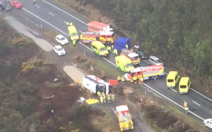 Aerial view of the bus that rolled off State Highway 5 in Ngātira near Rotorua